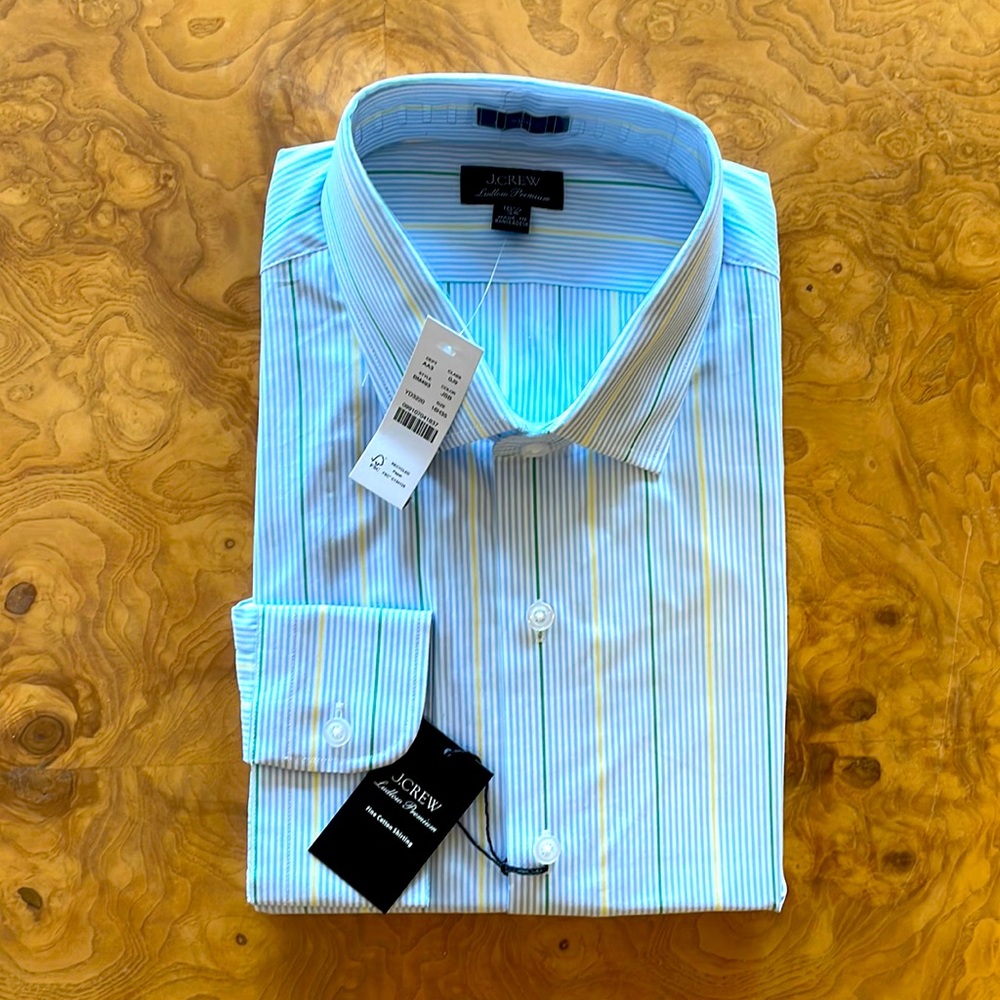 J. Crew long sleeve button down, blue and white with accents. Unworn with tags.